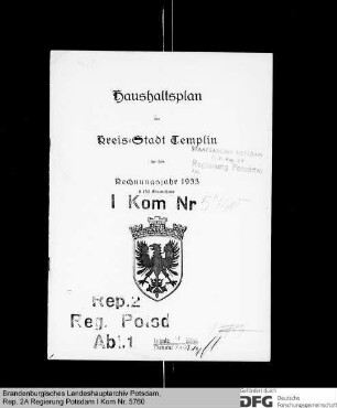 Haushaltsplan der Stadt Templin für das Rechnungsjahr 1933