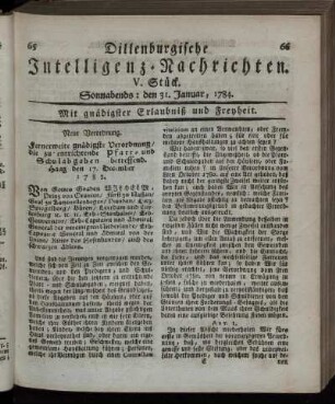 V. Stück. Sonnabends: den 31. Januar, 1784.