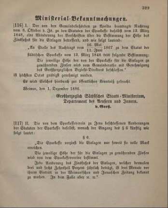 117. Ministerial-Bekanntmachung, Abänderung der Statuten der Sparkasse zu Jena betreffend