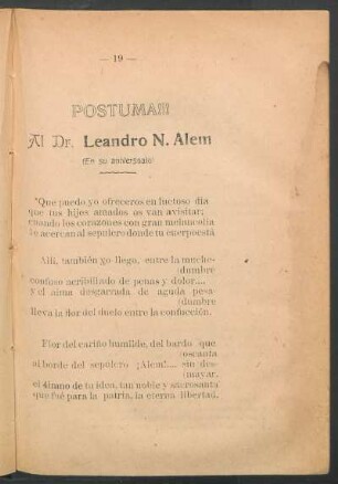 Póstuma!!! : Al Dr. Leandro N. Alem. (En su aniversario)