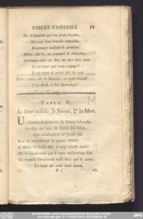 Fable V. Le Mari malade, sa femme, & la Mort.