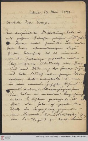 Nachlass Alfred Hettner, Eingegangene Briefe, Korrespondenz Wilhelm Sievers/Alfred Hettner: Brief von Wilhelm Sievers an Alfred Hettner