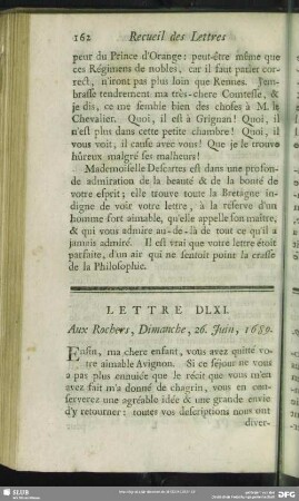 Lettre DLXI. Aux Rochers, Dimanche, 26. Juin, 1689