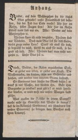 Trinkt, Brüder, der Reben erquickenden Saft, er giebet uns Leben, er giebet uns Kraft