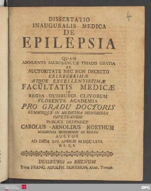 Dissertatio Inauguralis Medica De Epilepsia