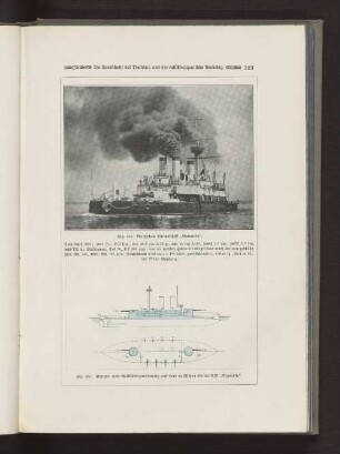 Fig. 352 Russisches Linienschiff "Nawarin" Fig. 353 Panzer- und Artillerieanordnung auf dem russischen Linienschiff "Nawarin"