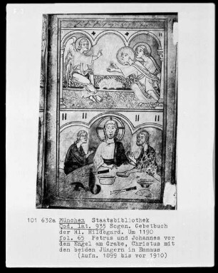 Sogenanntes Gebetbuch der heiligen Hildegard — Bildseite mit zwei halbseitige Miniaturen, Folio 65recto