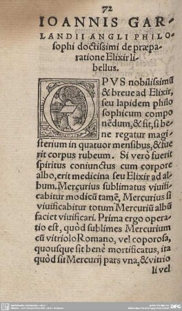 IOANNIS GARLANDII ANGLI PHILOSOPHI doctissimi de praeparatione Elixir libellus.