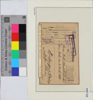 Feldpostkarten-Vordruck F 36 (12.14), Schiffsname/Landeinheit: Militär Betriebsamt Charleroi; Frankatur, Mi.-Nr.: [Keine]; Poststempel: Masch.Stpl: Charleroy 13.XI 1915 17-18; Nebenstempel: Briefstempel Militär Betriebs Amt Charleroi