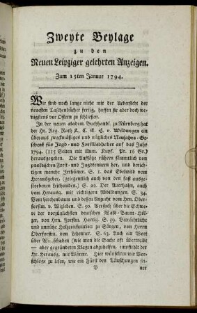 Zweyte Beylage zu den Neuen Leipziger gelehrten Anzeigen. Zum 15ten Januar 1794.