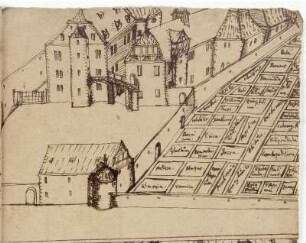 Melsungen, Landgrafenschloss, Hinterhof mit Verbindungsgalerie und Lustgarten