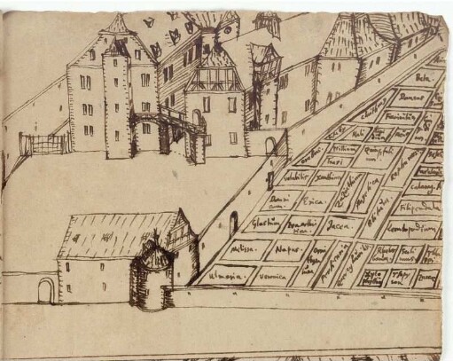 Melsungen, Landgrafenschloss, Hinterhof mit Verbindungsgalerie und Lustgarten