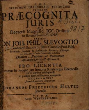 Specimen Inaugurale Iuridicum Exhibens Praecognita Iuris