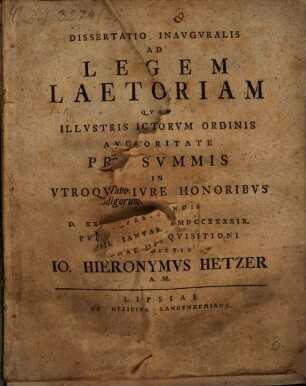Dissertatio Inavgvralis Ad Legem Laetoriam