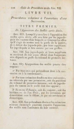 Livre VII. Procédures relatives à l'ouverture d'une Succession. Siebentes Buch. Von dem bei Eröffnung der Erbschaften eintretenden Verfahren