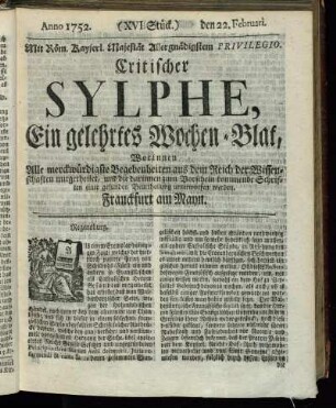 (XVI. Stück.) den 22. Februari. Anno 1752.