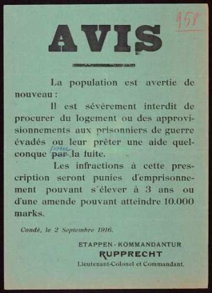 "Avis." Verbot von Hilfeleistungen für entflohene Kriegsgefangene
