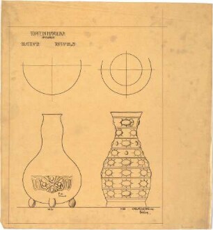 Billing, Hermann; Karlsruhe (Baden-Württemberg); Majolika-Entwürfe, Großherzogliche Manufaktur - Töpfe in Majolika, Topf Nr. 20, 21 (Ansichten; Schnitte)