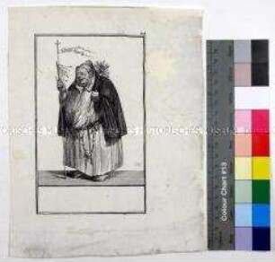 Antiklerikale Karikatur - dicker Mönch mit Geißelwerkzeugen und Rosenkranz mit Totenkopf