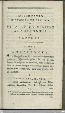 Dissertatio Historica Et Critica De Vita Et Carminibus Anacreontis Et Sapphus