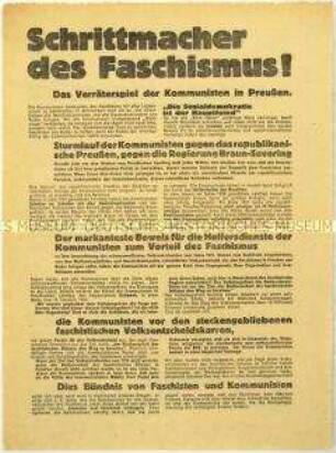 Flugblatt der SPD gegen die KPD und Aufruf zur preußischen Landtagswahl 1932