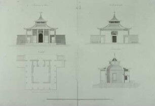 Grundriß, Aufriß und Schnitt des chinesischen Pavillons, Zeichnung, um 1800.