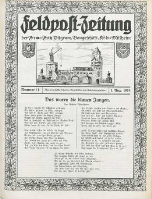 11.1916: Feldpost-Zeitung der Firma Fritz Pilgram, Baugeschäft, Köln-Mülheim