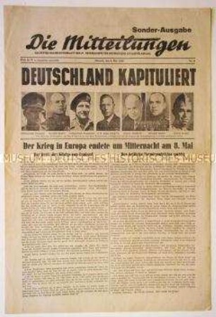 Nachrichtenblatt der britischen Armee "Die Mitteilungen" zur Kapitulation Deutschlands mit Stellungnahmen des britischen Premierministers und des Königs von England