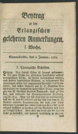 I. Woche (2. Januar 1762)-LII. Woche (25. December 1762): Beytrag zu den Erlangischen gelehrten Anmerkungen