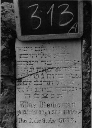 Grabstein 313 (Index: 100090408) Material: Kalkstein, weiße Marmorplatte Zustand: Platte gesprungen Maße HxBxT: 125x37x25 cm Beschreibung: Stele, rustica, gerader Abschluß, Schriftplatte Besonderheit: Zitat Hiob 1, 8 und 2, 3: Grabstein 313A