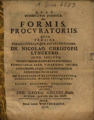 Dissertatio Iuridica De Formis Procuratoriis