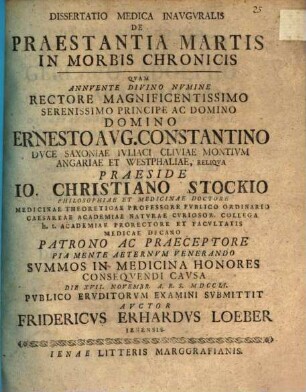 Dissertatio Medica Inavgvralis De Praestantia Martis In Morbis Chronicis