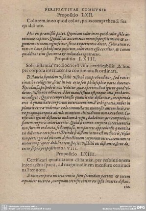 Propositio LXIII. Sola distantia mediocris est visui certificabilis, & hoc per corpora interiacentia continuata & ordinata.