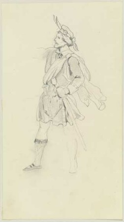 Krieger in historischer Tracht im Ausfallschritt nach links