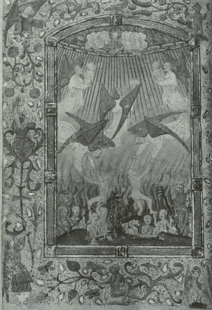 Illumination eines Stundenbuches, Engel befreien Seelen aus dem Fegefeuer und ornamentale Rahmung