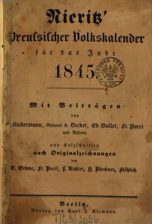 Nieritz' Preußischer Volkskalender : für das Jahr .... 1845