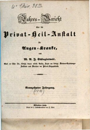 Jahres-Bericht über die Privat-Heilanstalt für Augenkranke. 1840 (1841) = Jg. 19