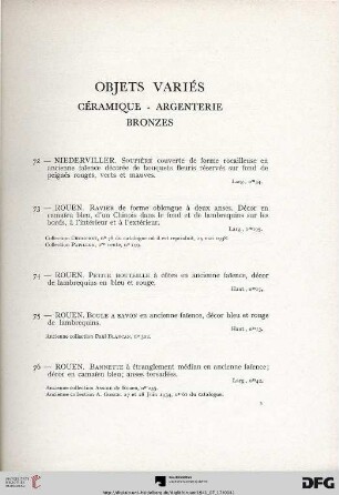 Objets variés céramique - argenterie bronzes avec planches XII-XIV (Nr. 72-108)