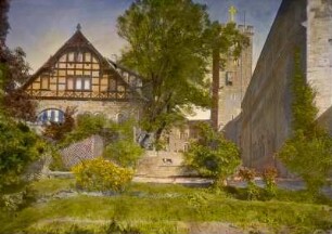 Eisenach, Wartburg. Hofseite der Hauptburg mit Gaden (Burgschänke), Bergfried und Palas