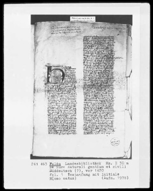 De iure naturali gentium et civili — Initiale H(omo natus), Folio 1recto