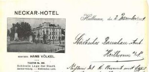 Briefpapier des Neckar-Hotel mit eingedrucktem Foto des Hotels mit dem Bismarckdenkmal (Besitzer Hans Völkel)