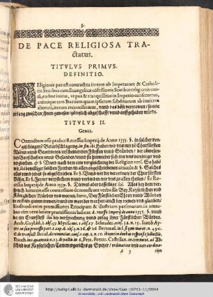 De Pace Religiosa Tractatus. Titvlvs Primvs Definitio. Titvlvs II. Genus.