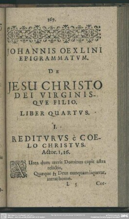 Johannes Oexlini Epigrammatum De Jesu Christo Dei Virginis Que Filio. Liber Quartus