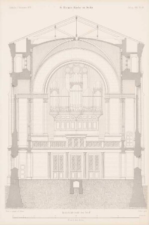 Thomaskirche, Berlin-Kreuzberg: Querschnitt durch das Schiff (aus: Atlas zur Zeitschrift für Bauwesen, hrsg. v. G. Erbkam, Jg. 21, 1871)