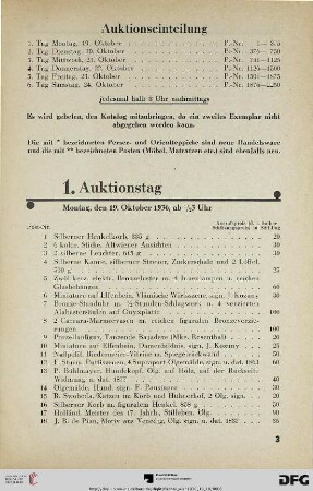 1. Auktionstag Montag, den 19. Oktober 1936, ab ½ 3 Uhr (Nr. 1-375)
