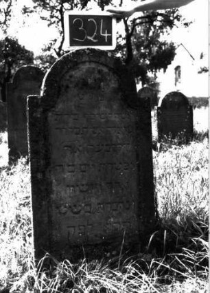 Grabstein 324 (Index: 100103095) Material: Sandstein Zustand: angewittert Maße HxBxT: 115x59x9 cm Beschreibung: Stele, eingezogener Rundbogenabschluss, Schriftfeld eingetieft mit Konvexbogenabschluss: Grabstein 324