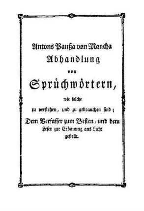 Zueignungsschriften an des großen Sancho Panßa großen Esel