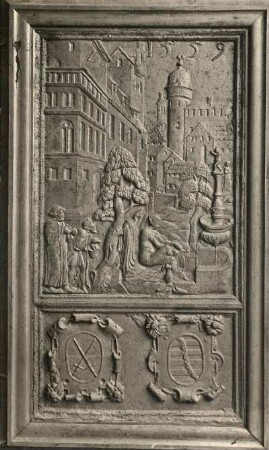 Ofenplatte mit Darstellung der Susanna im Bade, darunter zwei Wappenschilde