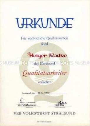 Urkunde zur Verleihung des Ehrentitels "Qualitätsarbeiter"