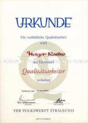 Urkunde zur Verleihung des Ehrentitels "Qualitätsarbeiter"